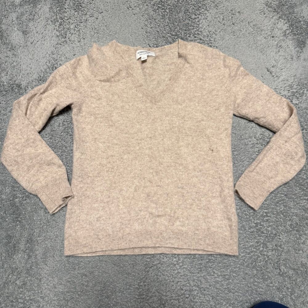 Nordstrom 100% Cashmere Sweater Womens Large Tan V Neck
